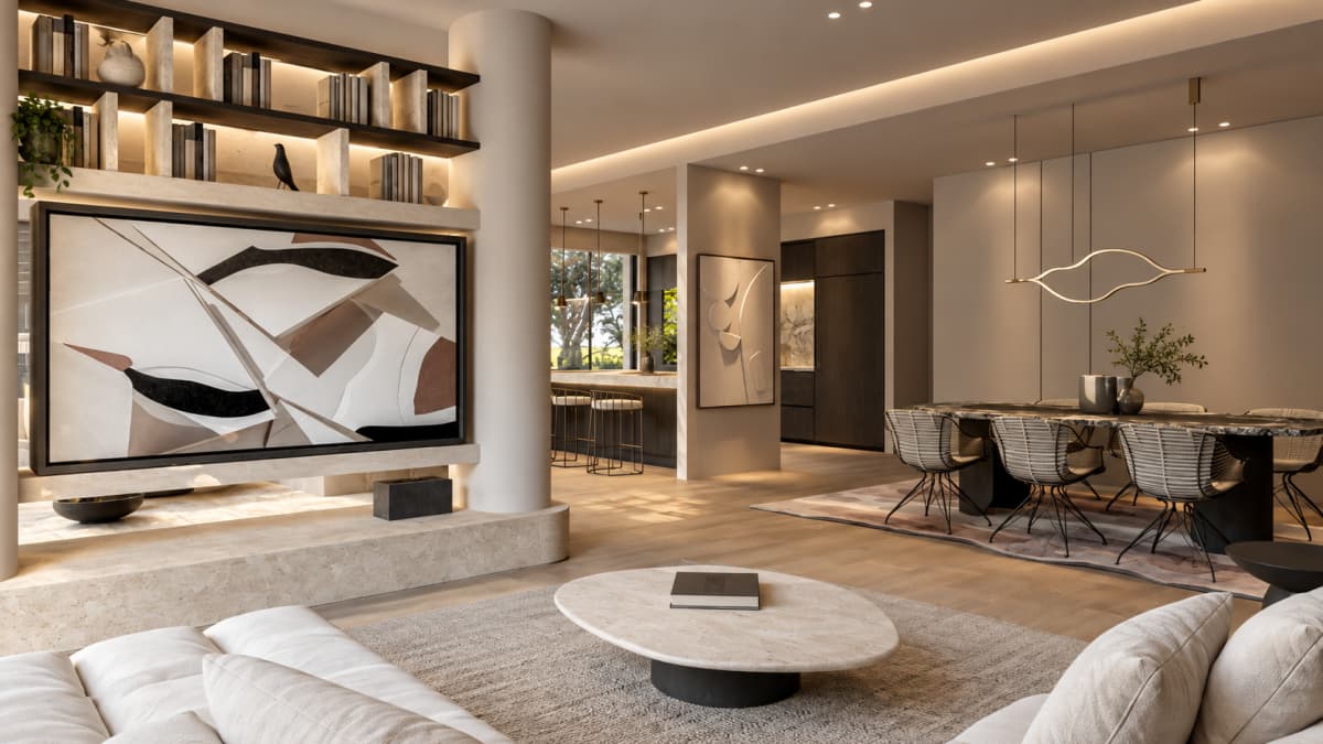 A modern open-plan living room features built-in shelving, an abstract TV screen, a large white sofa, a marble coffee table, and an adjacent dining area.