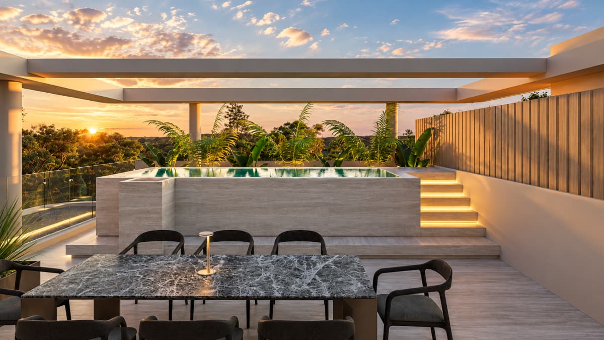 An outdoor rooftop terrace features a raised swimming pool, a marble dining table with chairs, and stairs illuminated by strip lights against a sunset sky.