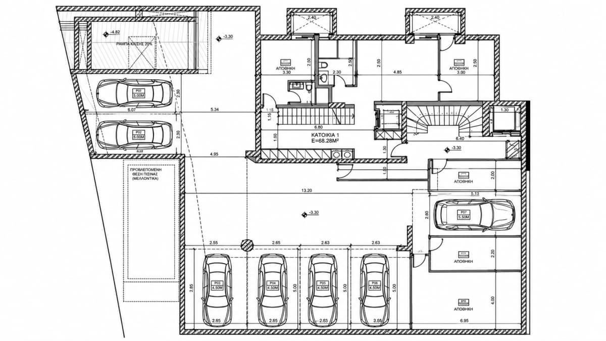 Architectural floor plan drawing of a ground level showing multiple designated parking spaces, an apartment unit labeled KATOIKIA 1, storage rooms, and an entrance ramp.