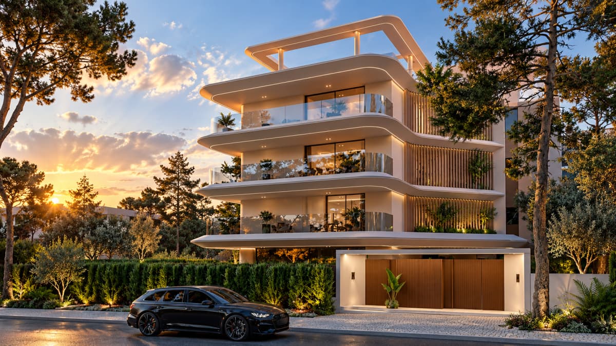 A modern multi-story residential building with curved balconies, wooden slat details, and a rooftop frame stands beside a paved street at sunset, with a black station wagon parked in front.