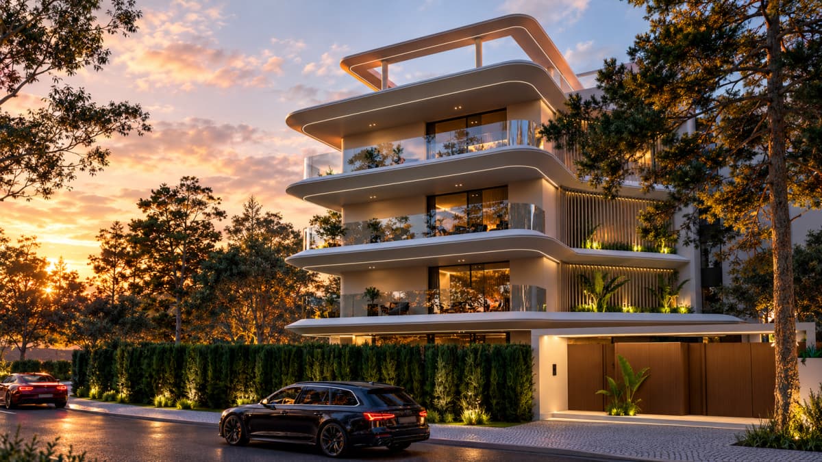 A multi-story modern apartment building with curved balconies is viewed from the street at sunset, with a dark station wagon parked in the foreground.