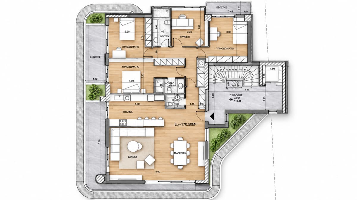 An architectural floor plan diagram showing room layouts, dimensions, and furniture placement.