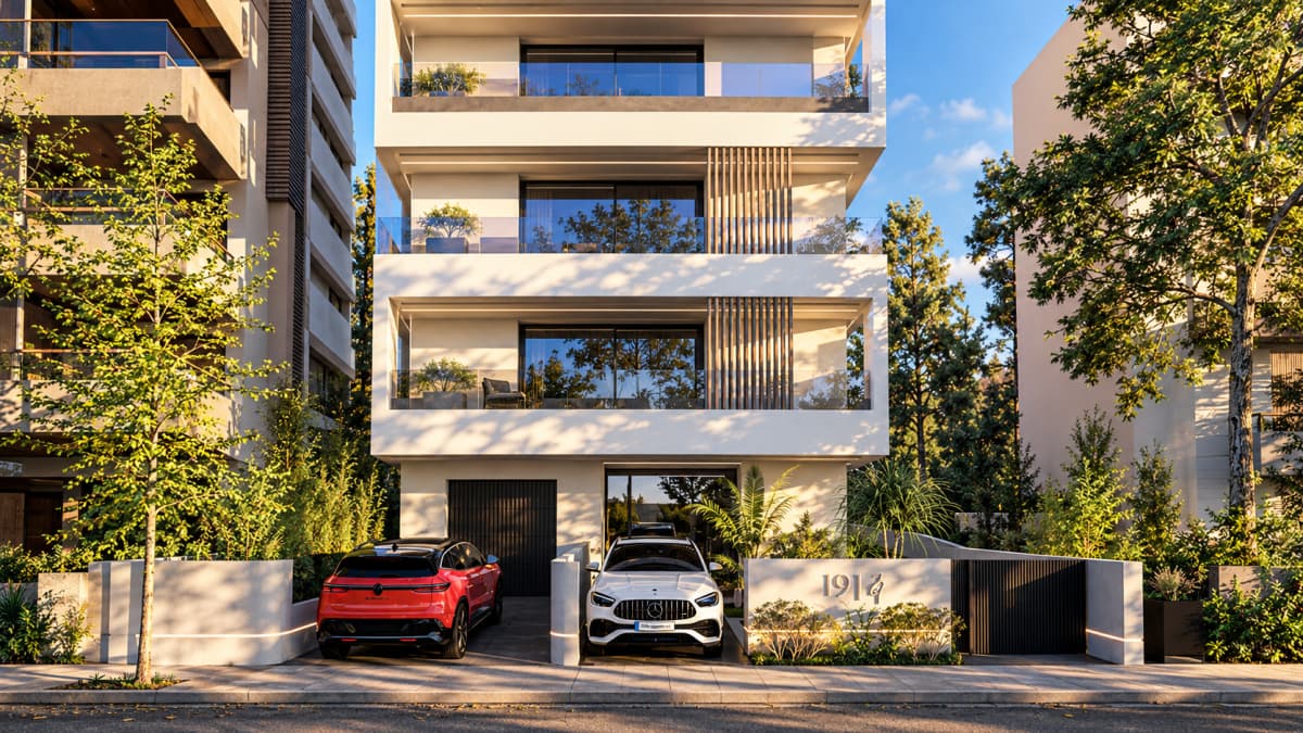 Street-level view of a modern multi-story apartment building with balconies, vertical wooden slats, a garage door, a white car parked in front, and a red car parked on the left.