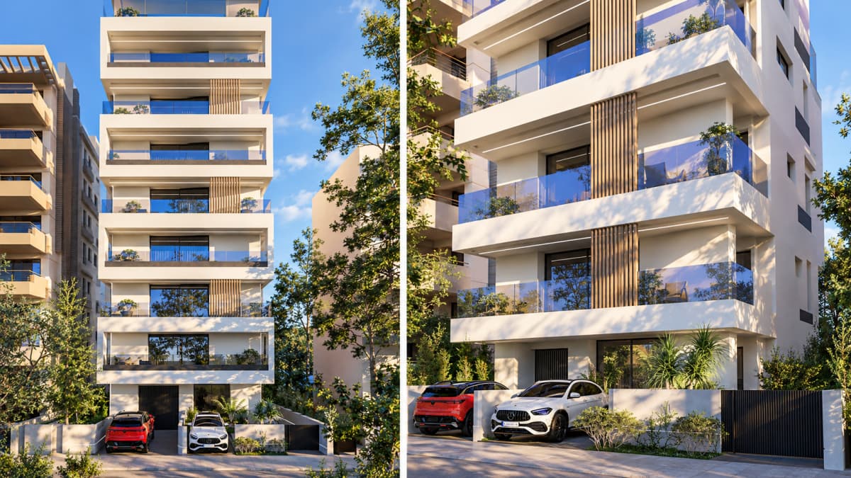 Side-by-side architectural render shows the facade and balconies of a modern multi-story apartment building with parked cars at ground level.
