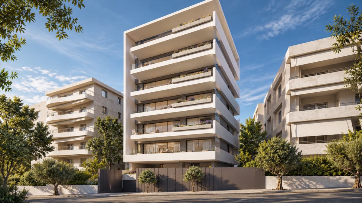Εξωτερική άποψη σύγχρονης πολυκατοικίας με φαρδιά μπαλκόνια και ενσωματωμένα παρτέρια, πλαισιωμένη από δέντρα.
