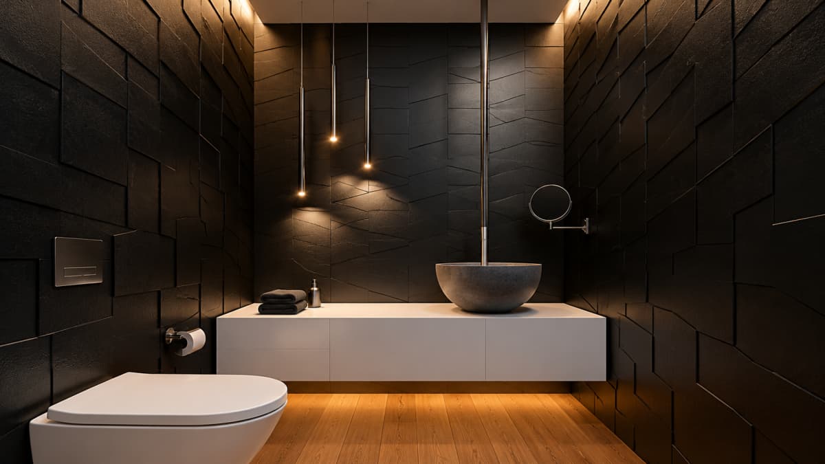 Modern bathroom with black textured tile walls, floating white vanity with stone vessel sink, hanging faucet fixture, three pendant lights, wall-mounted toilet, and wood flooring with warm lighting.