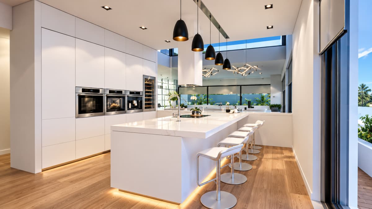 Modern white kitchen with a central island, built-in ovens, and wooden flooring.