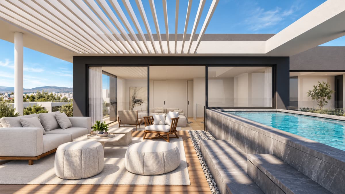 A modern terrace features an outdoor seating area with a sofa and poufs, a small swimming pool, and a white pergola overhead.