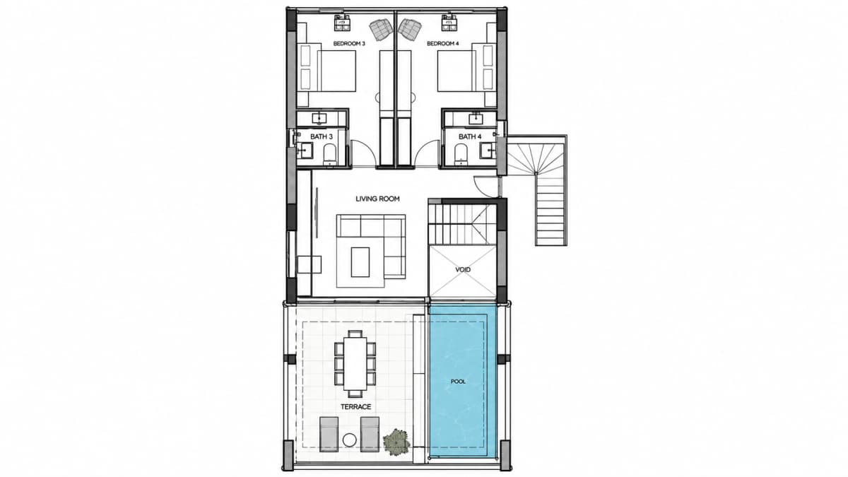 Architectural floor plan showing a residential level with two bedrooms, two bathrooms, a living room, terrace, and pool.