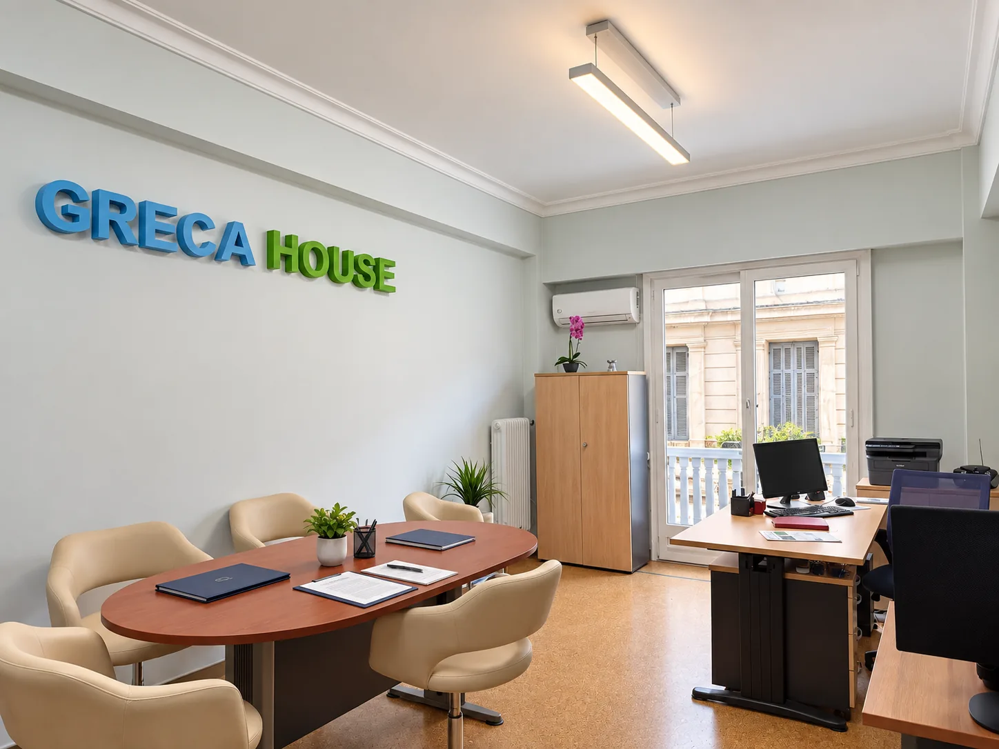Το γραφείο της Greca House στην Πανεπιστημίου 44: το τραπέζι συσκέψεων, ένα γραφείο εργασίας και η επιγραφή Greca House