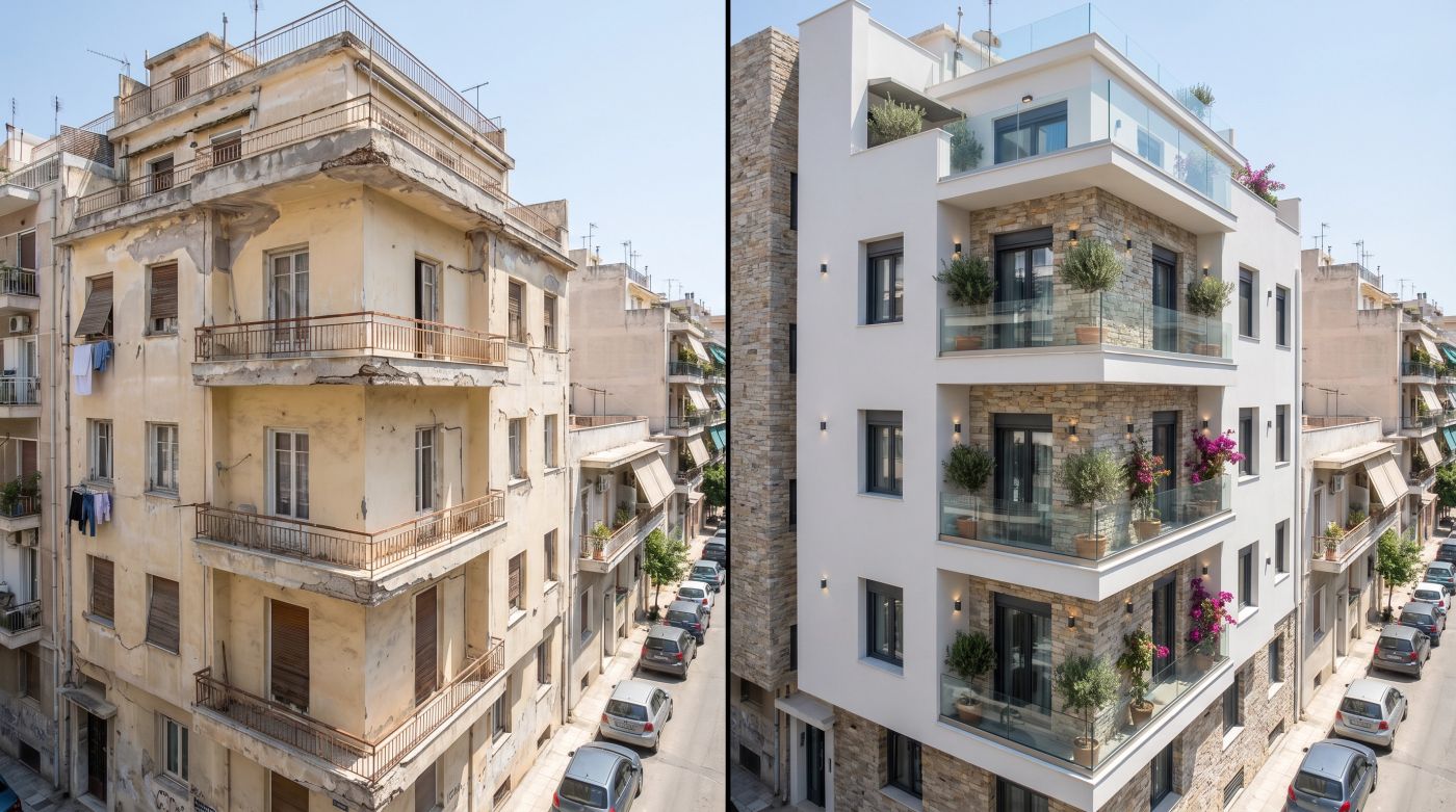 Συγκριτική εικόνα πριν και μετά από ανακαίνιση πολυκατοικίας στην Αθήνα, με παλαιό φθαρμένο κτίριο στη μία πλευρά και πλήρως ανακαινισμένο σύγχρονο κτίριο στην άλλη.