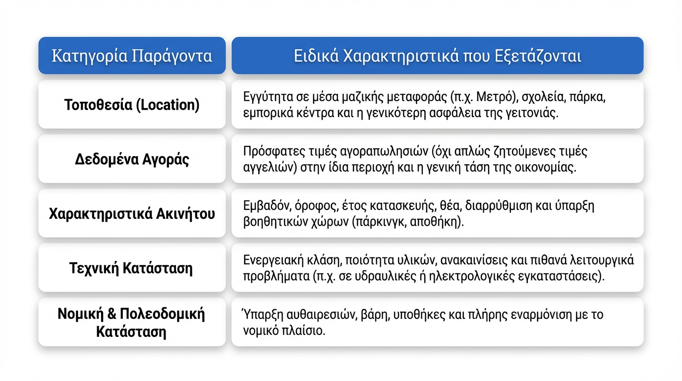 Πίνακας με τους βασικούς παράγοντες που επηρεάζουν την αξία ενός ακινήτου, όπως τοποθεσία, δεδομένα αγοράς, χαρακτηριστικά ακινήτου, τεχνική κατάσταση και νομική ή πολεοδομική κατάσταση.