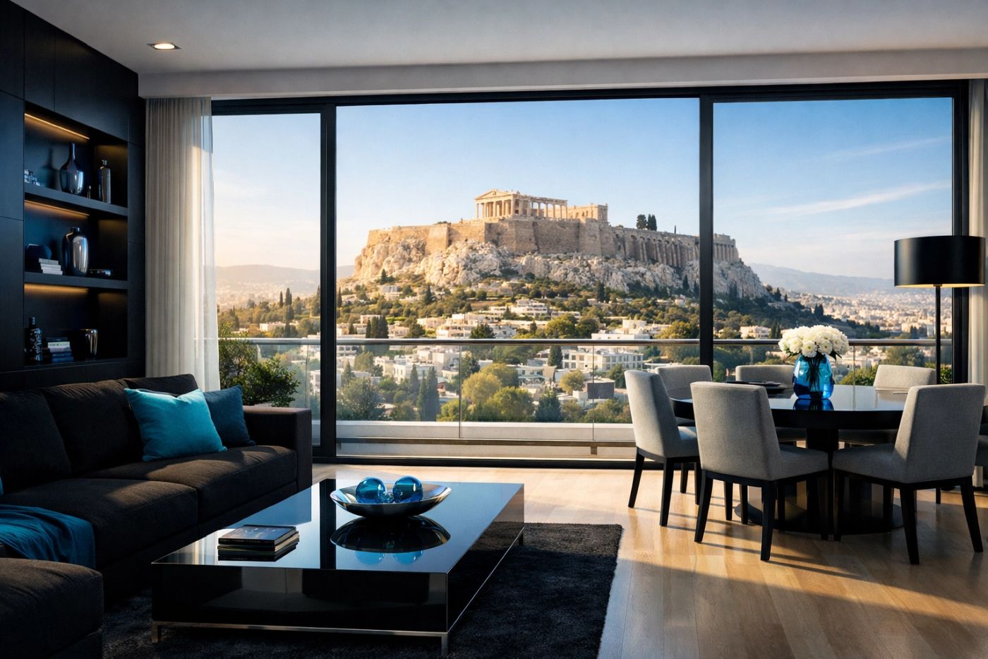 Μοντέρνο πολυτελές διαμέρισμα στην Αθήνα με μεγάλο σαλόνι, τραπεζαρία και πανοραμική θέα στην Ακρόπολη μέσα από εντυπωσιακά γυάλινα ανοίγματα.