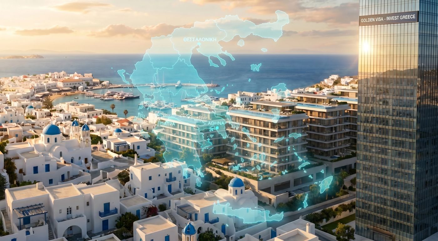 Φωτορεαλιστική εικόνα επένδυσης ακινήτων στην Ελλάδα με παραθαλάσσιο τοπίο, κυκλαδίτικη αρχιτεκτονική, σύγχρονα πολυτελή κτίρια και ψηφιακό χάρτη της χώρας για Golden Visa investment