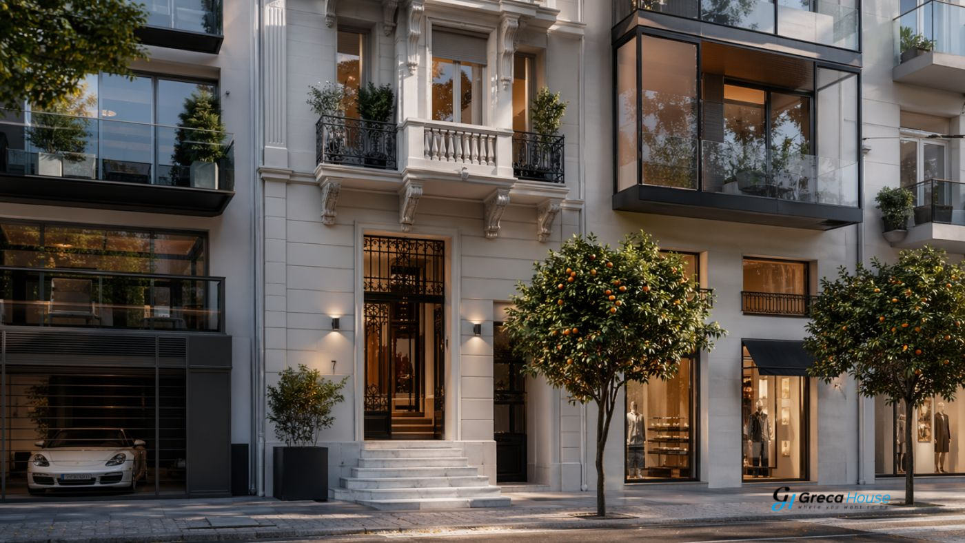 Luxury property in Kolonaki featuring an elegant neoclassical entrance, modern glass balconies, illuminated facade, and refined urban surroundings