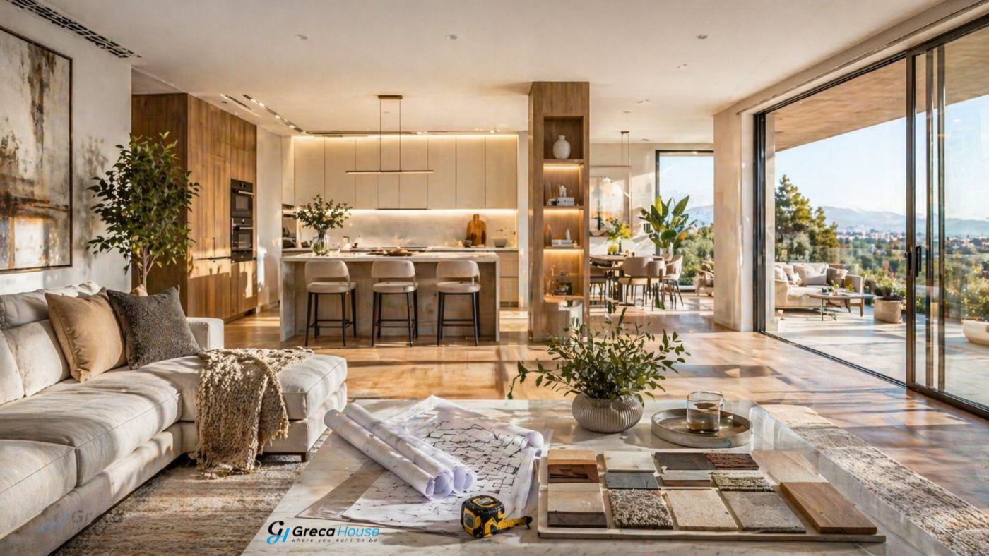Bright luxury apartment in Athens featuring open-plan living and dining, large sliding glass doors, spacious veranda, and renovation concepts for property value enhancement