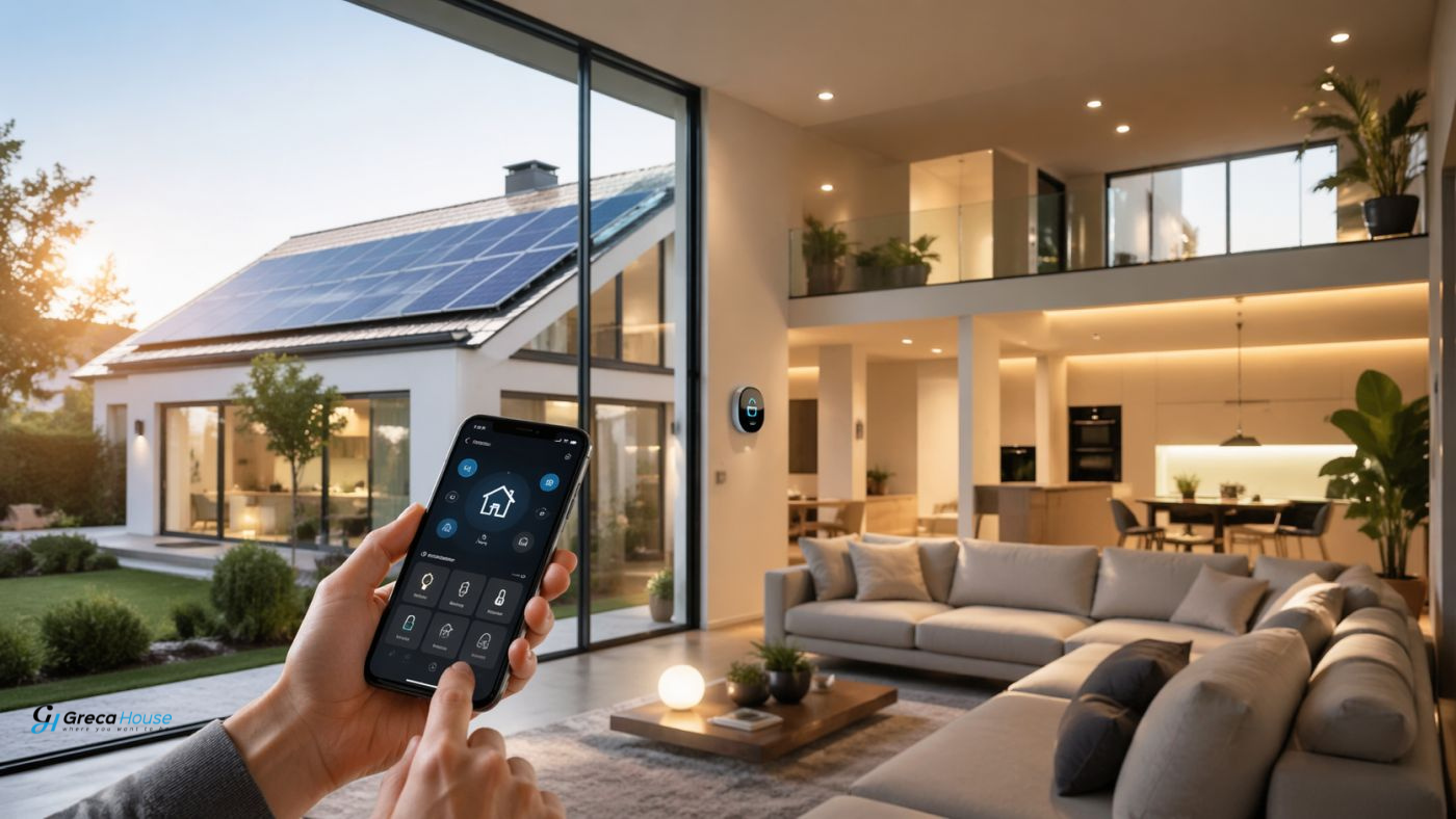 Modern residence equipped with solar photovoltaic panels, mobile smart home management, bright living room, and energy upgrades for enhanced property value