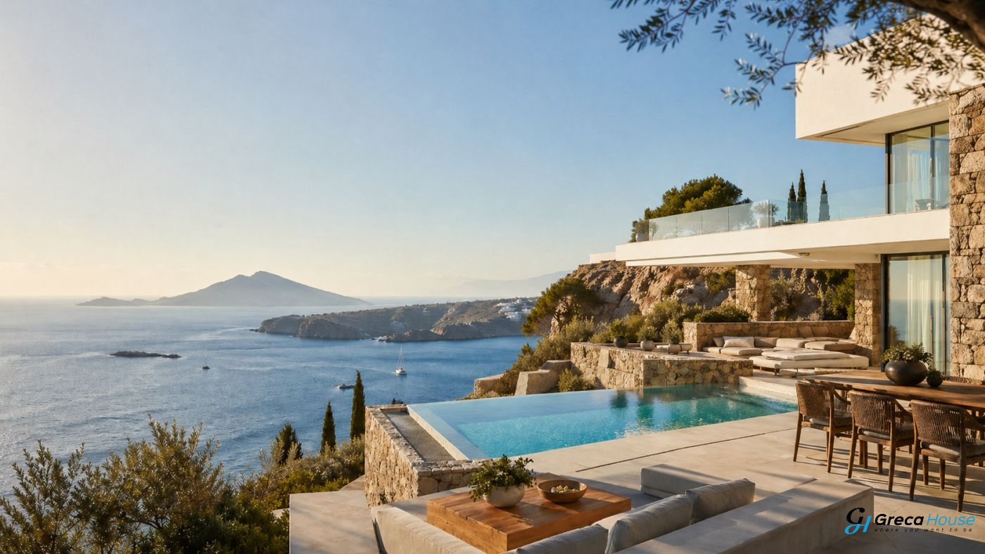Luxury coastal villa with infinity pool and panoramic Aegean sea view