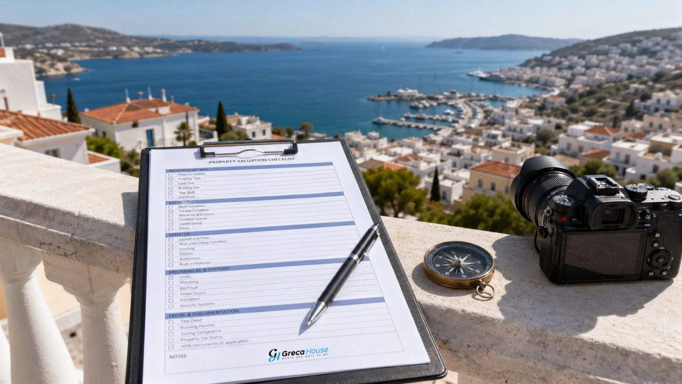 Εκτίμηση ακινήτου στην Ελλάδα με checklist αξιολόγησης, φωτογραφική μηχανή και θέα σε παραθαλάσσια περιοχή