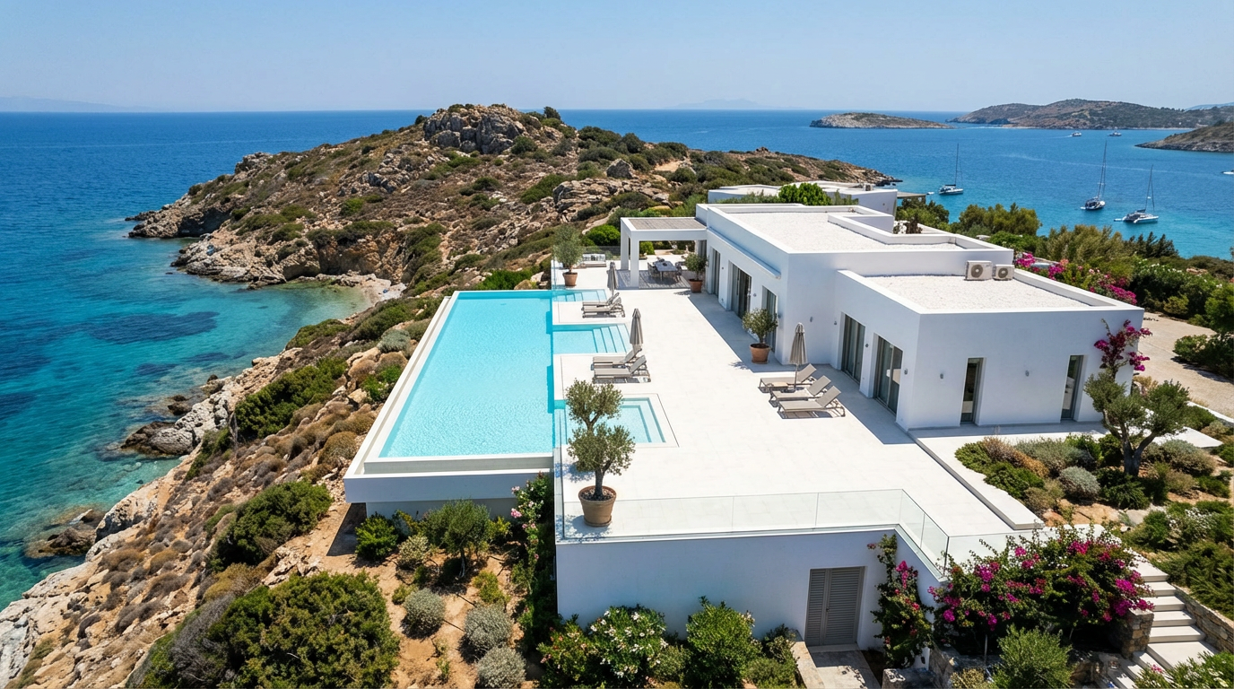 Αεροφωτογραφία πολυτελούς παραθαλάσσιας βίλας με infinity πισίνα, μοντέρνα αρχιτεκτονική και θέα στα καταγάλανα νερά της Ελλάδας.