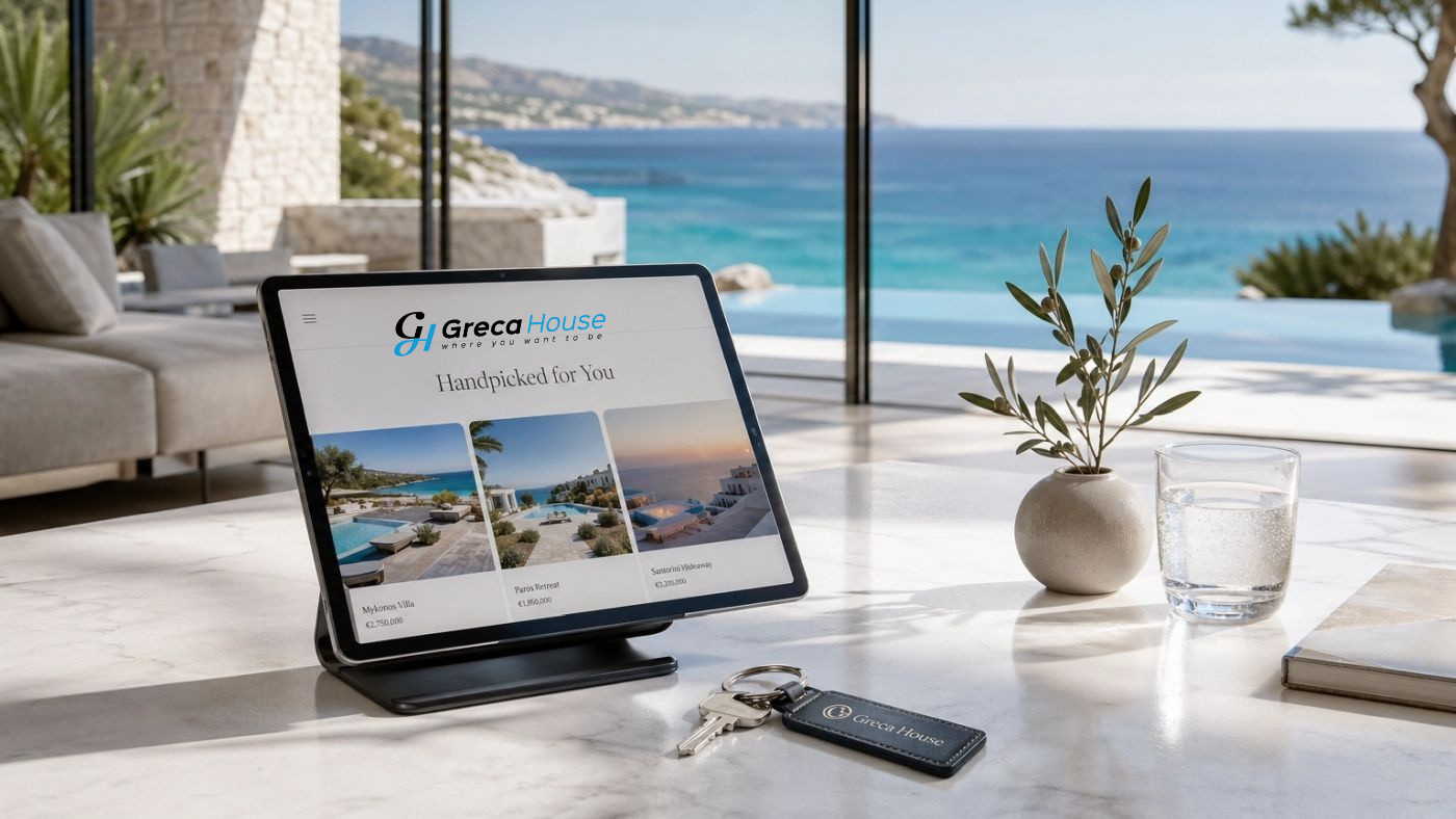 平板电脑显示Greca House网站,背景是带无边泳池的豪华海滨住宅和房产钥匙。