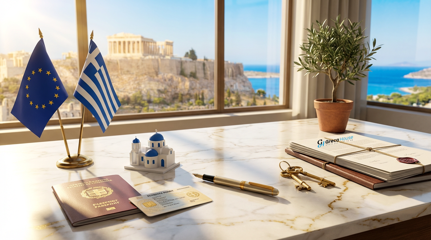 الفيزا الذهبية اليونانية مع Greca House للعقارات صورة الفيزا الذهبية اليونانية مع الأعلام اليونانية والأوروبية، جواز سفر، مفاتيح عقار، عقود Greca House، وإطلالة على الأكروبوليس.
