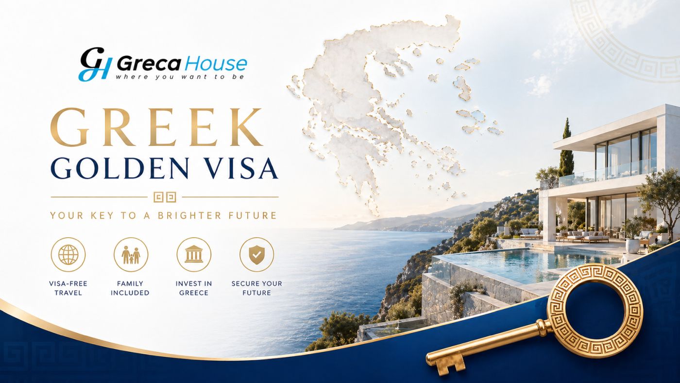 الفيزا الذهبية اليونانية في اليونان مع Greca House صورة الفيزا الذهبية اليونانية مع خريطة اليونان، فيلا فاخرة على شاطئ البحر، مفتاح ذهبي، وشعار Greca House.