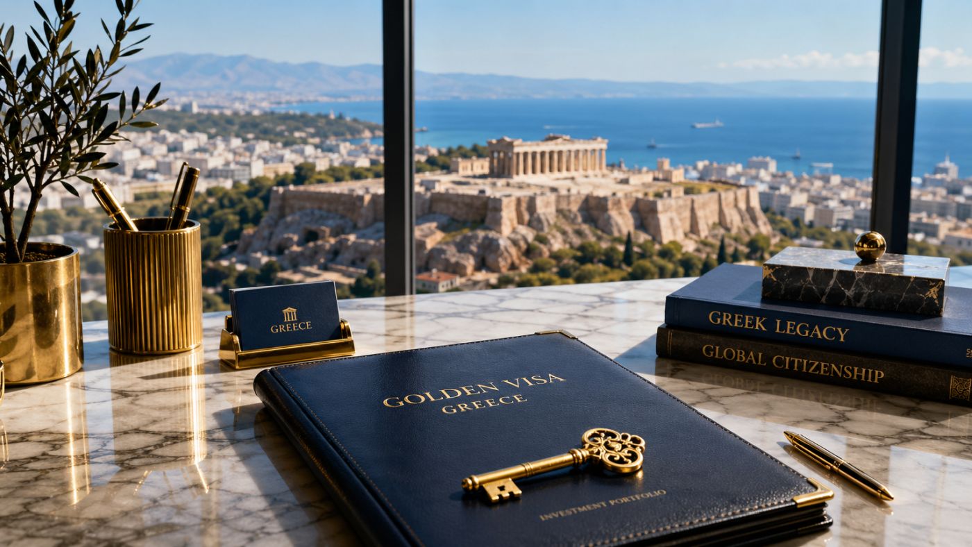 محفظة استثمار التأشيرة الذهبية اليونانية في مكتب فاخر يطل على الأكروبوليس والبحر، للاستثمار العقاري في اليونان.