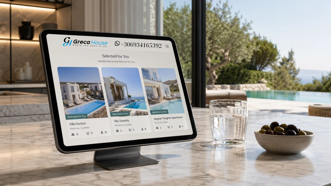 Tablet με την ιστοσελίδα της Greca House σε πολυτελές ελληνικό ακίνητο με θέα πισίνα και θάλασσα