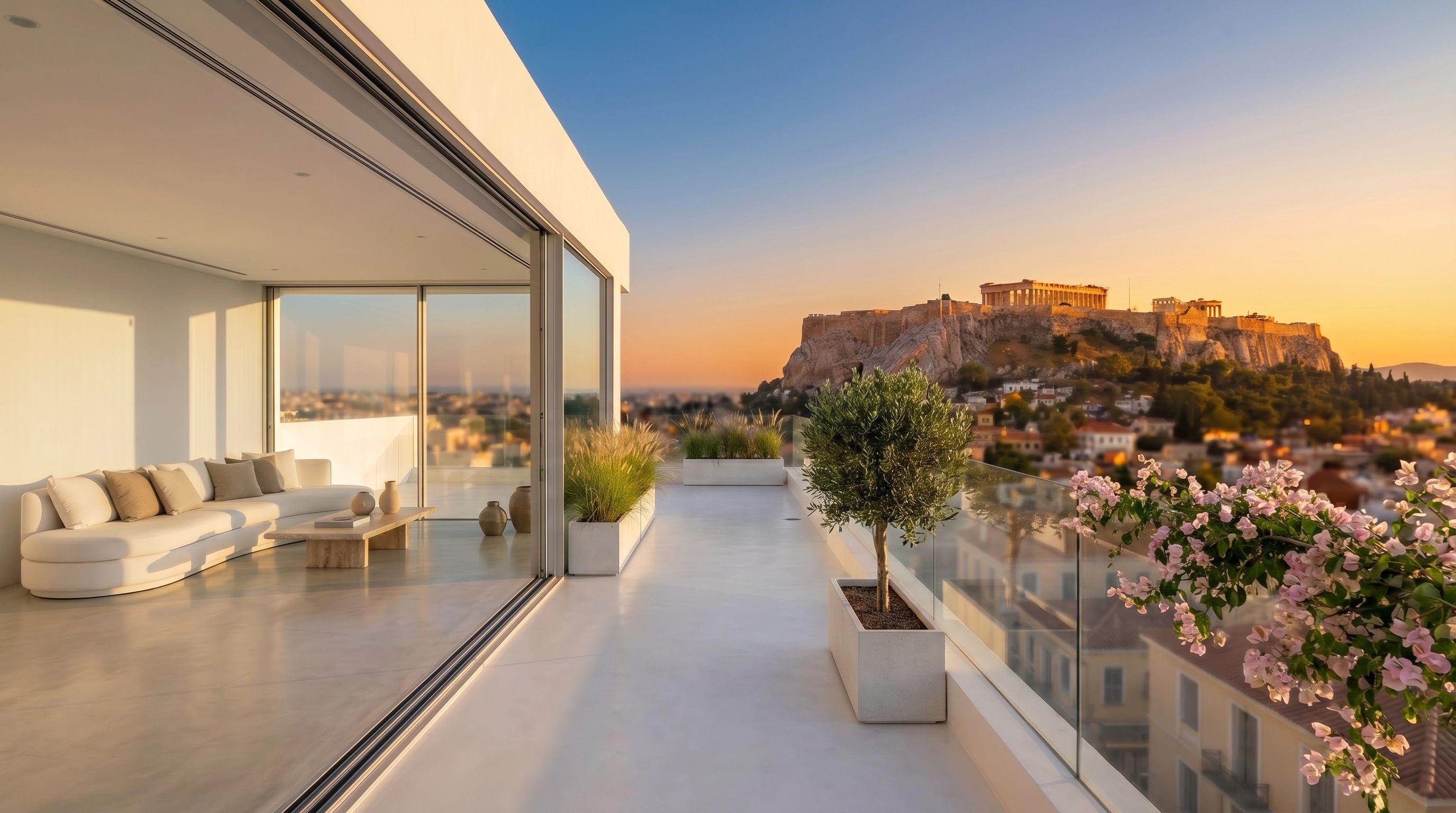شقة Airbnb فاخرة حديثة في أثينا مع تراس كبير، درابزين زجاجي، وإطلالة على الأكروبوليس عند غروب الشمس