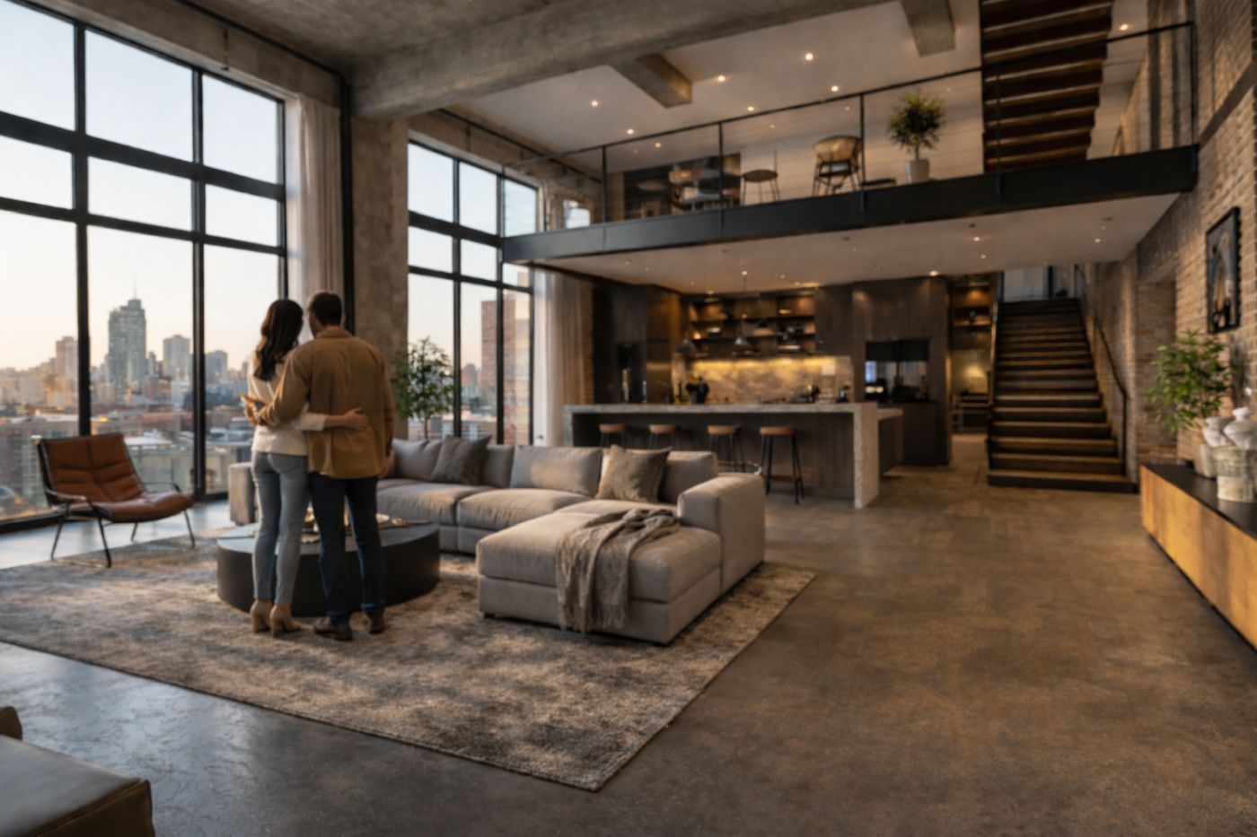 Πολυτελές μοντέρνο loft με μεγάλα παράθυρα, πανοραμική θέα στην πόλη και ζευγάρι που κοιτάζει το αστικό τοπίο από το σαλόνι.