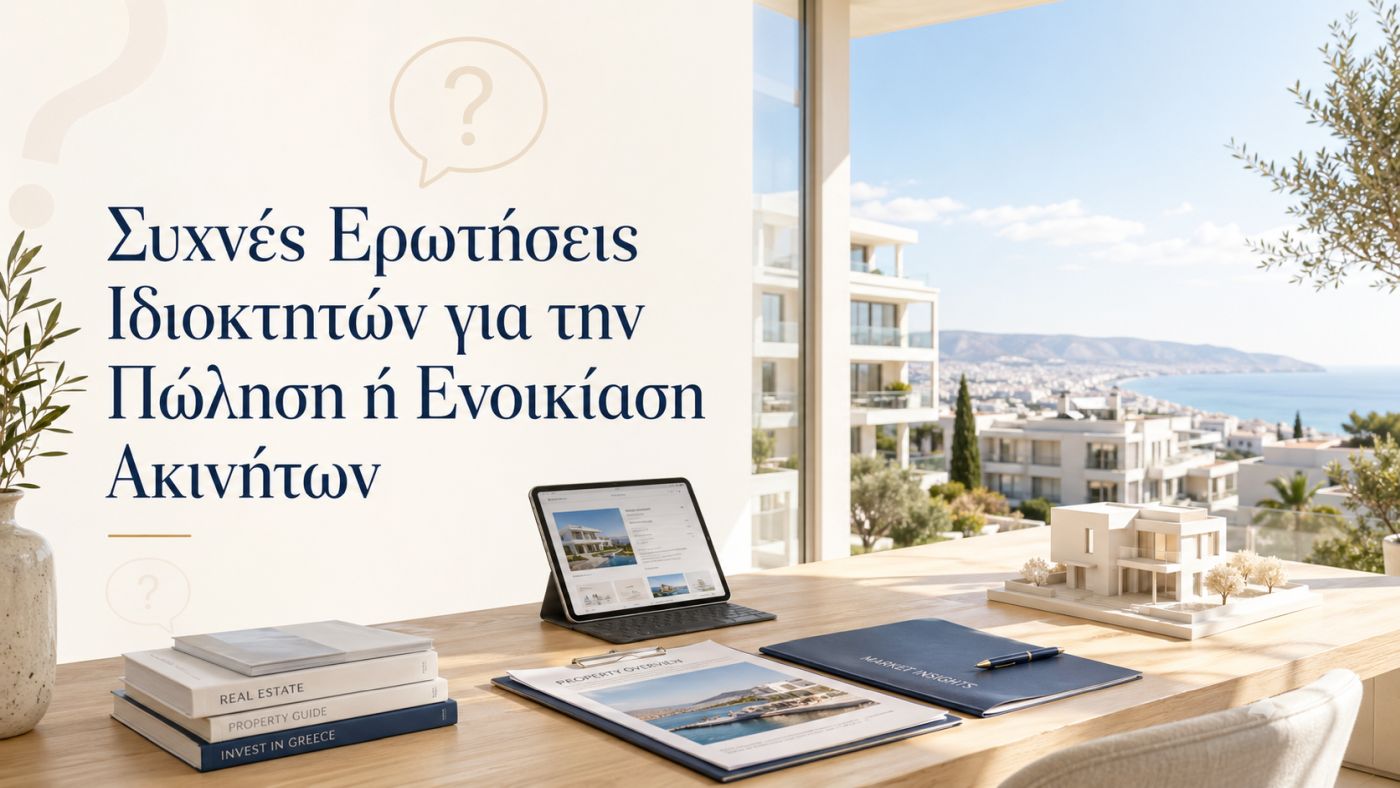 Property Owners FAQ for Selling or Renting in Greece Modern real estate agency representing property sales and leasing FAQ