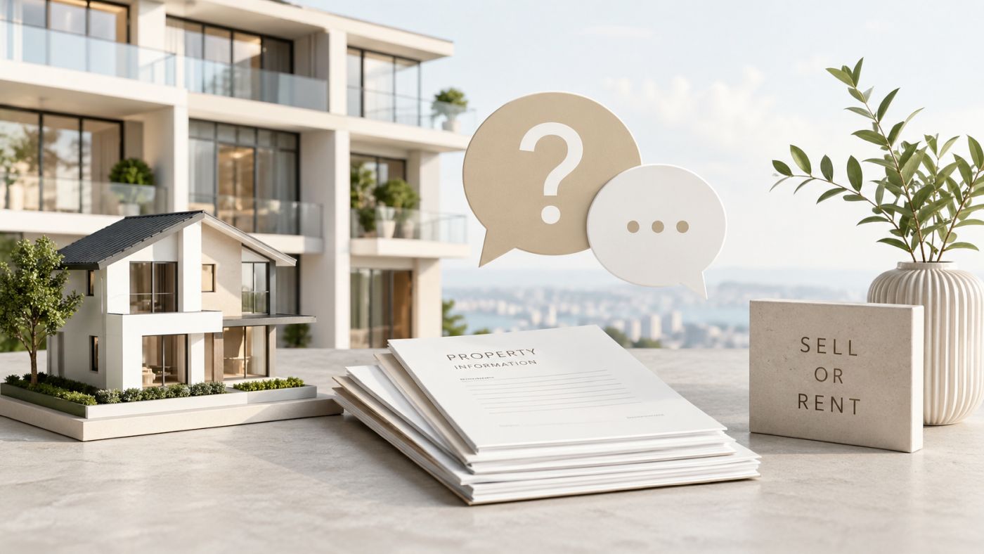 Property Owners FAQ for Selling or Renting Real estate paperwork and architectural models illustrating property management questions