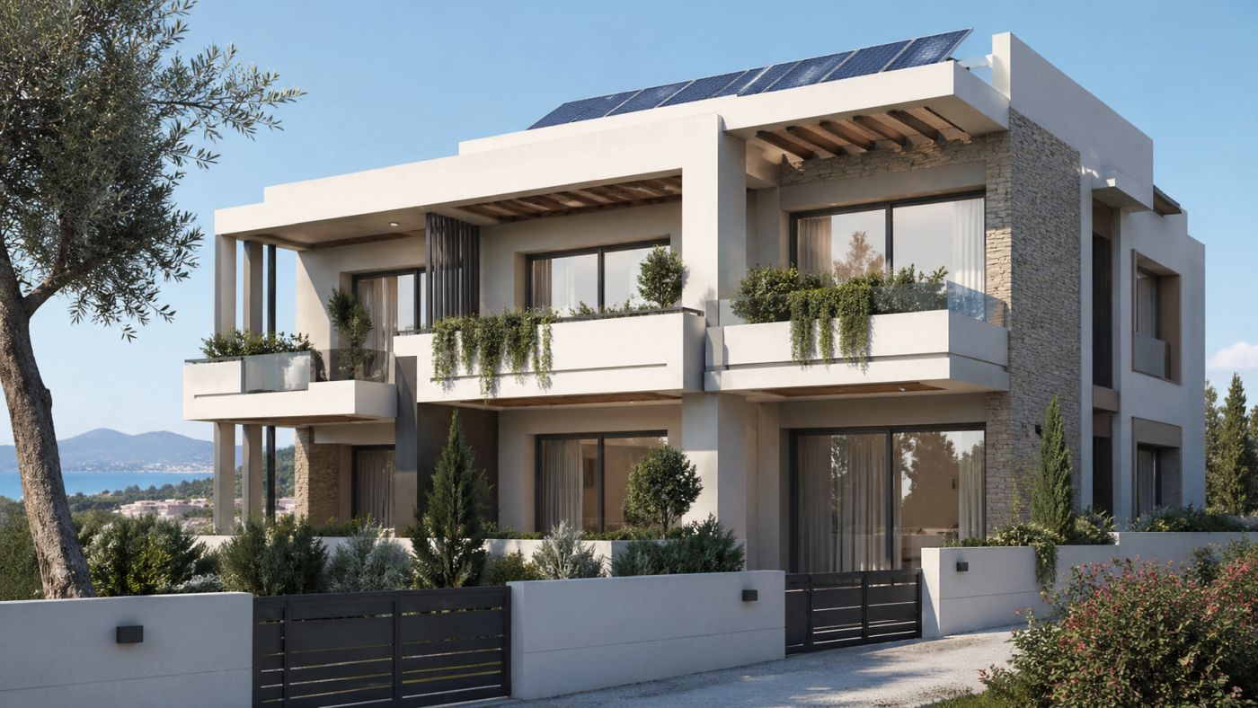 حلول تجديد العقارات في اليونان | Greca House منزل حديث موفر للطاقة مزود بألواح شمسية في اليونان