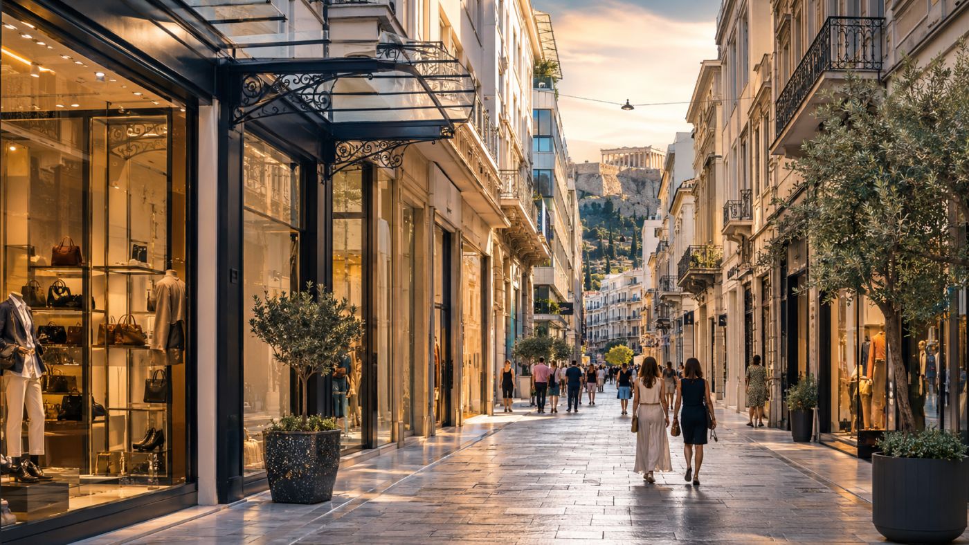 Εμπορικός δρόμος στο κέντρο της Αθήνας με πολυτελή καταστήματα και θέα στην Ακρόπολη, για άρθρο σχετικά με την αγορά επαγγελματικού ακινήτου από τη Greca House.