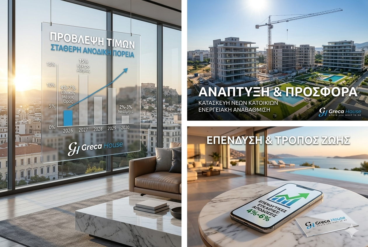 Πρόβλεψη τιμών ακινήτων στην Ελλάδα για την περίοδο 2026-2030 με τάσεις αγοράς, επενδυτικές ευκαιρίες και ανάπτυξη νέων κατοικιών.