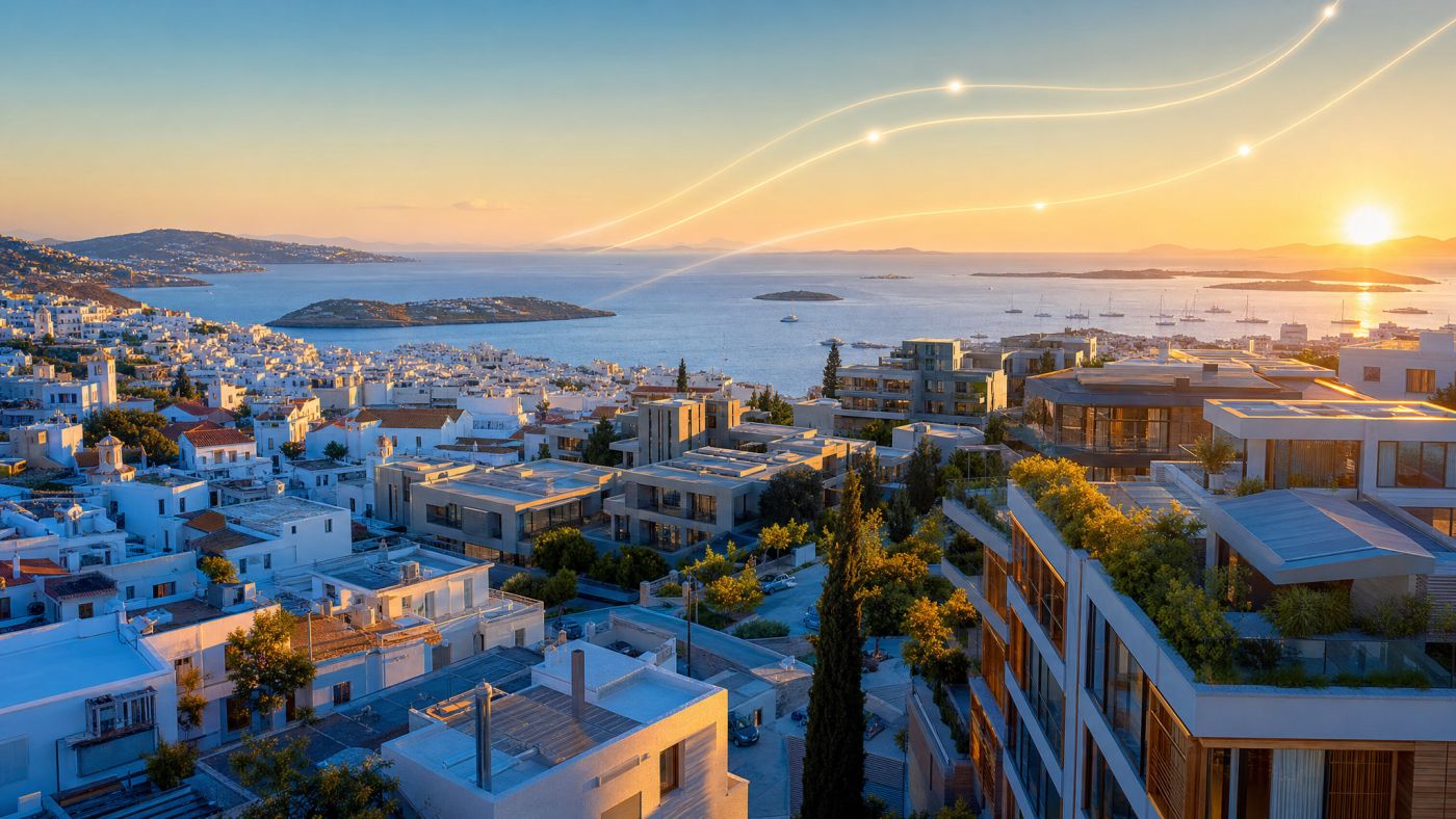 Πανοραμική εικόνα ελληνικής παραθαλάσσιας περιοχής με σύγχρονες κατοικίες και θέα στη θάλασσα, για άρθρο σχετικά με την αναγνώριση υπερτιμημένων ακινήτων στην Ελλάδα.