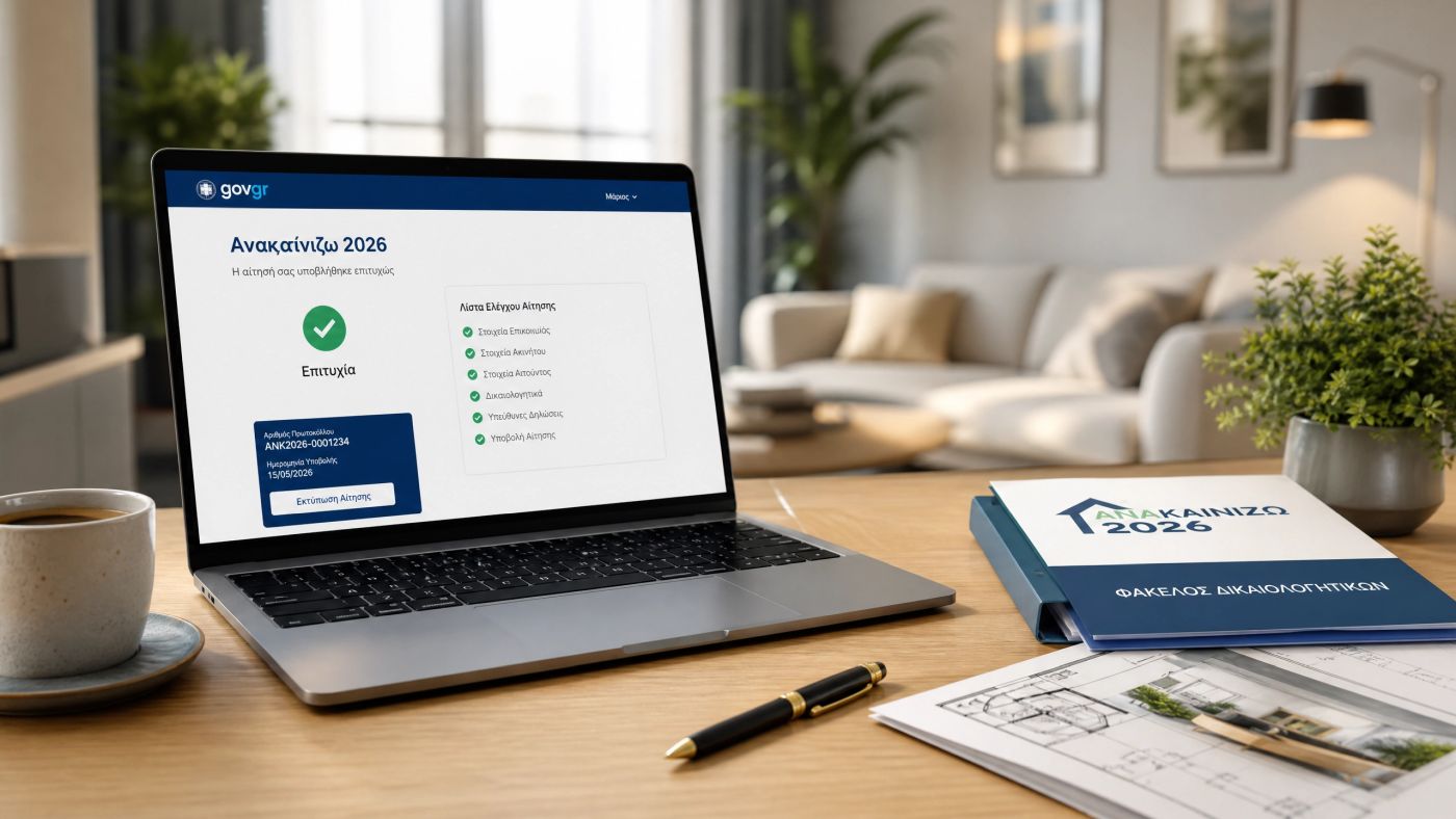 Online application on gov.gr for the Renovate 2026 program with supporting documents and floor plans