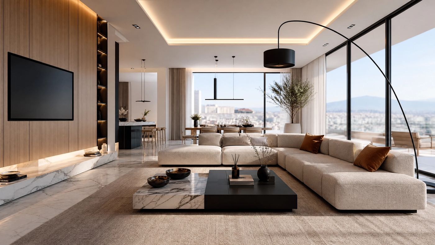 Modern luxury apartment with bright living room, large windows and panoramic views, for Greca House guide on buying an apartment in Greece.