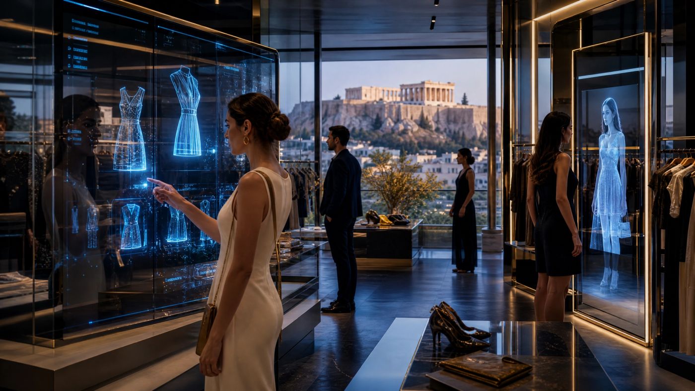 Σύγχρονο smart κατάστημα στην Αθήνα με ψηφιακές οθόνες, τεχνολογία retail, premium εμπορική εμπειρία και θέα στην Ακρόπολη.
