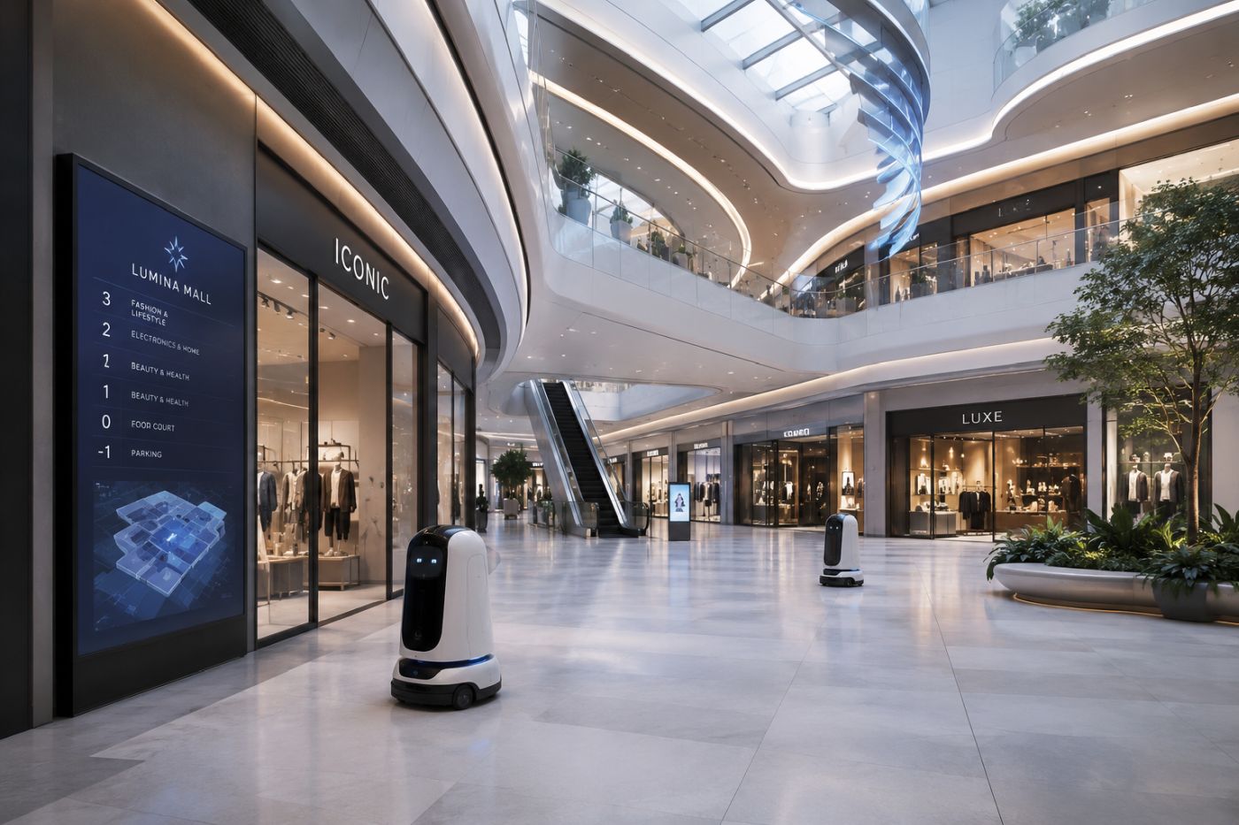 Σύγχρονο εμπορικό κέντρο με premium καταστήματα, ψηφιακές οθόνες, ρομπότ εξυπηρέτησης και μοντέρνα αρχιτεκτονική retail χώρων.
